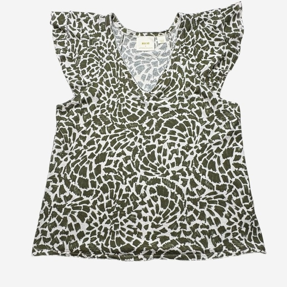 Anthropologie Maeve Catie Ruffle Sleeve Top Size L Large V-Neck Green Motif - Picture 6 of 13